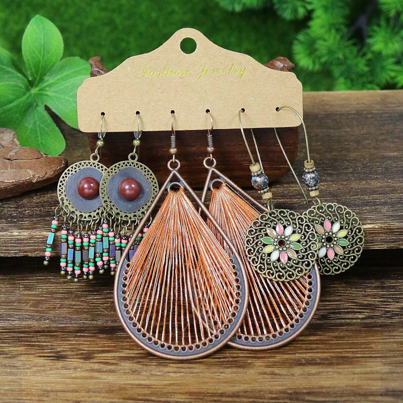 Cross-Border Multi-Piece Earring Set for Women, Vintage Hollow Water Drop Shaped Earrings, Ethnic Style Colorful Shell Wooden Bead Women's Earrings Wholesale