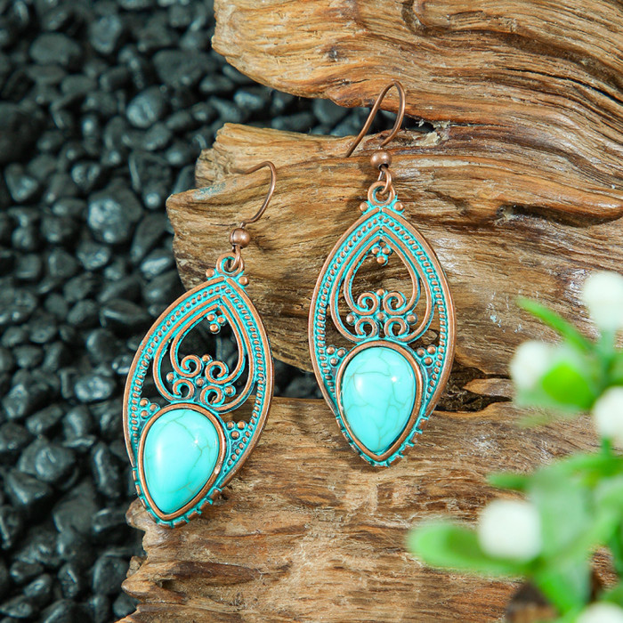 Cross-Border New Holiday Style Retro Turquoise Long Earrings Personality Exaggerated Geometric Drop Earrings Manufacturer Ear Jewelry Wholesale