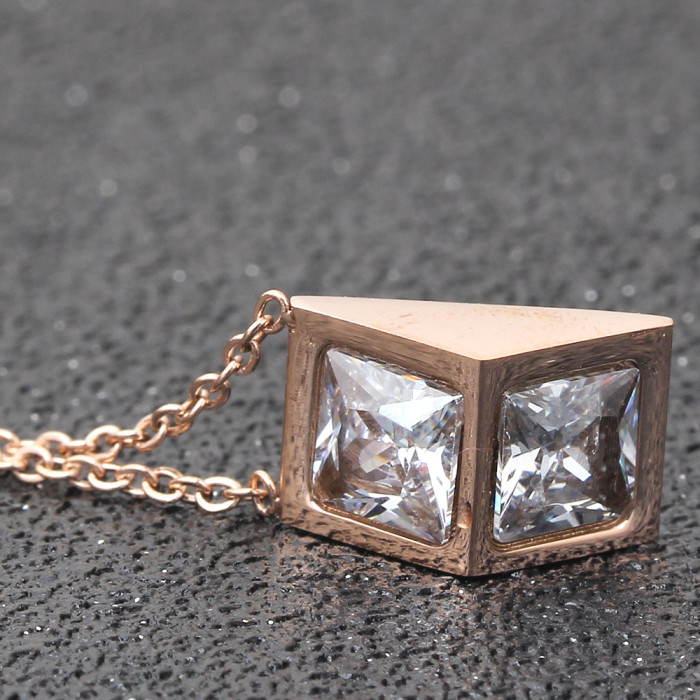 Titanium Steel Personality Simple 18K Rose Gold Women's Necklace Inlaid with Zircon Fashionable Three-Dimensional Tri...
