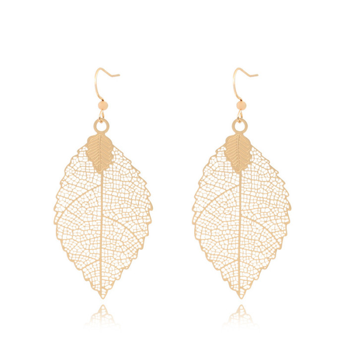 Gold Jewelry INS Style Geometric Leaf Copper Earrings Hollow Leaf Texture Natural Earrings Wholesale