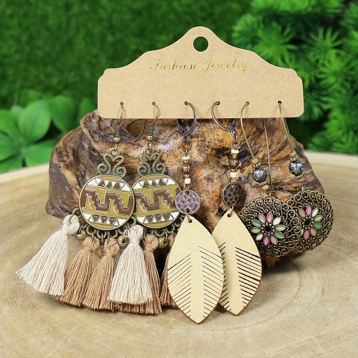 Melard Color Earrings Multi-piece Set Nostalgic Fan-shaped Tassel Hollow Geometric Earrings Amazon Wholesale