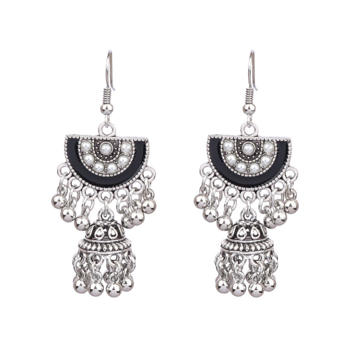 Tibetan Silver Vintage Earrings Style Rice Beads Bell Tassel Long Drop Statement Exaggerated Earrings New Model