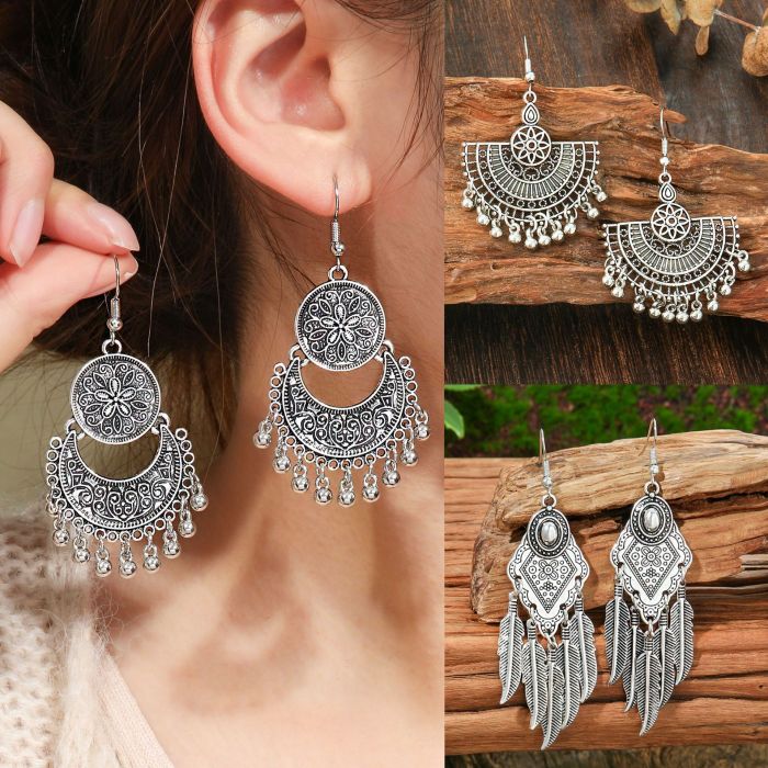 Hot-Selling Retro Ethnic Style Earrings for Tourist Attractions, Unique Creative Geometric Tassel Earrings Wholesale