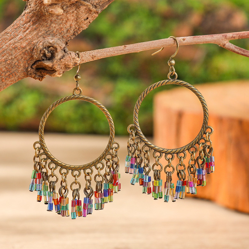 Fashion Bohemian Handmade Beaded Tassel Earrings Large Hoop Colorful Rice Beads European and American Creative Ethnic Style Jewelry