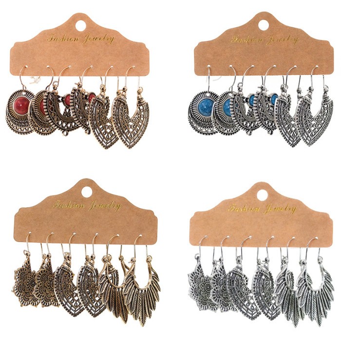 Trend Hollow Earrings Vintage Inlaid Floral Personality Earrings Ethnic Style Combination Set Wholesale, Jewelry Sets