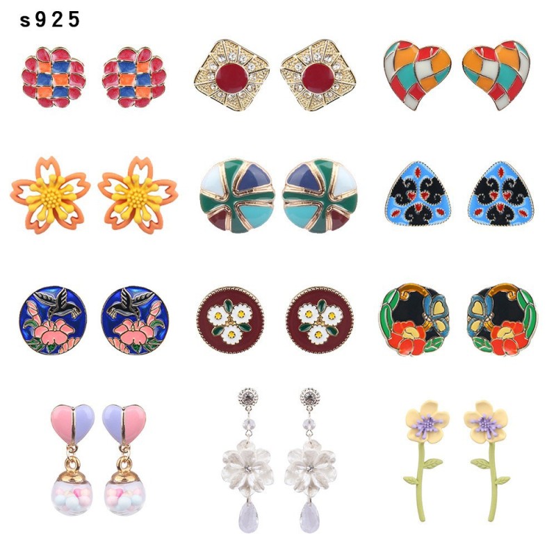 925 Silver Needle Earrings New Style Elegant Ear Studs Korean Dongdaemun Flower Enamel Earrings for Women Wholesale