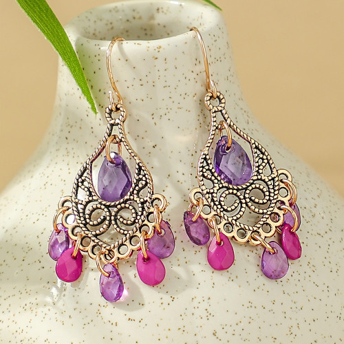 New Vintage Ethnic Style Bohemian Earrings Water Drop Hollow Flower Tassel Earrings for Women Colorful Ear Clips