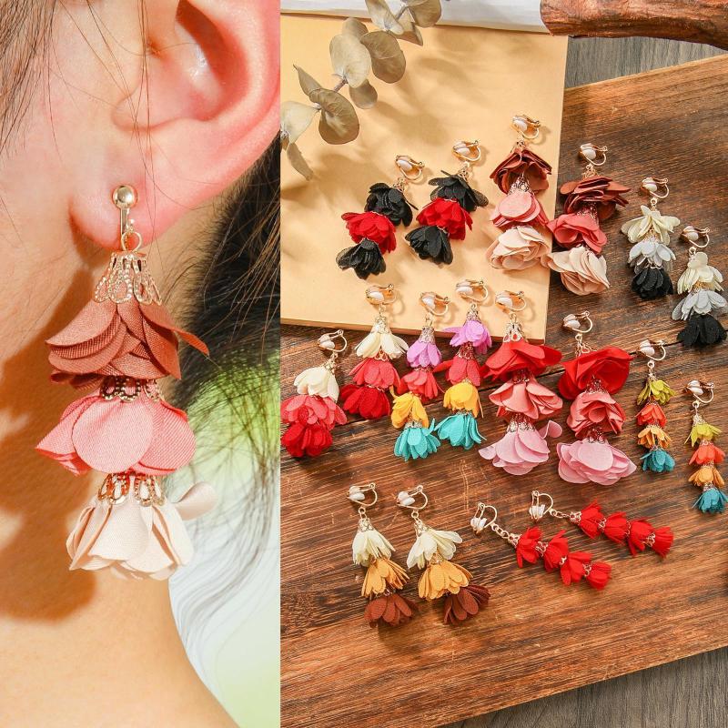 Fashion Chanel Style Handmade Colorful Flower Earrings Ear Clips Bohemian Vacation Style Super Fairy Ancient Style Hanfu Accessories