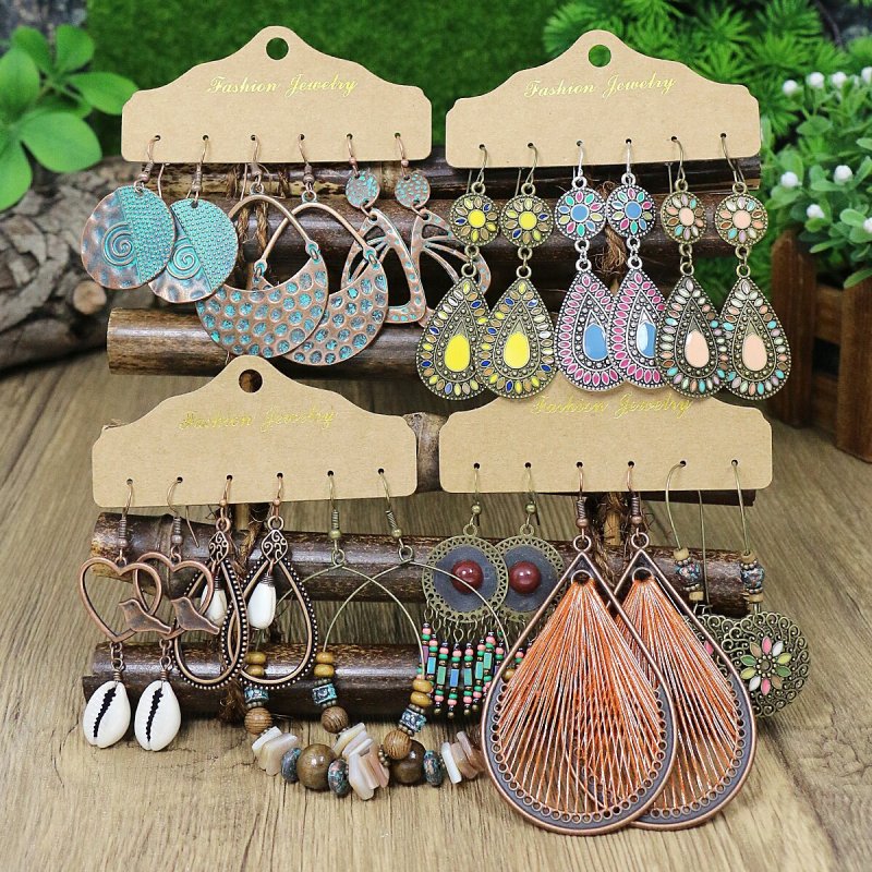 Cross-Border Multi-Piece Earring Set for Women, Vintage Hollow Water Drop Shaped Earrings, Ethnic Style Colorful Shell Wooden Bead Women's Earrings Wholesale
