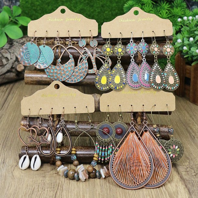 Cross-Border Multi-Piece Earring Set for Women, Vintage Hollow Water Drop Shaped Earrings, Ethnic Style Colorful Shell Wooden Bead Women's Earrings Wholesale