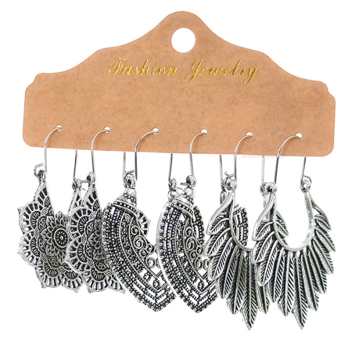Trend Hollow Earrings Vintage Inlaid Floral Personality Earrings Ethnic Style Combination Set Wholesale, Jewelry Sets