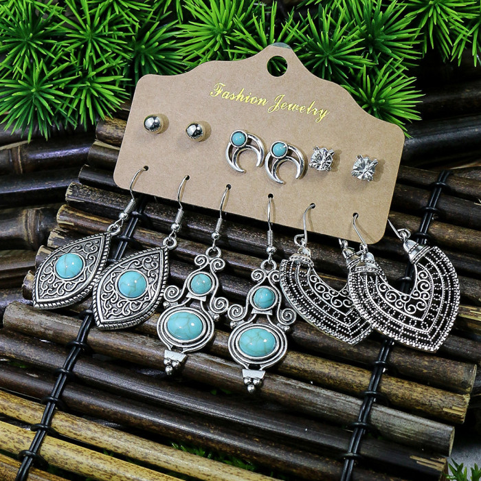 Amazon New Retro Earrings Turquoise Lantern Flower Earrings Long Ethnic Style Jewelry 6-Piece Set, Jewelry Sets