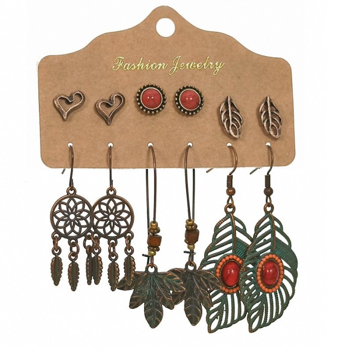 Amazon New Retro Earrings Turquoise Lantern Flower Earrings Long Ethnic Style Jewelry 6-Piece Set, Jewelry Sets