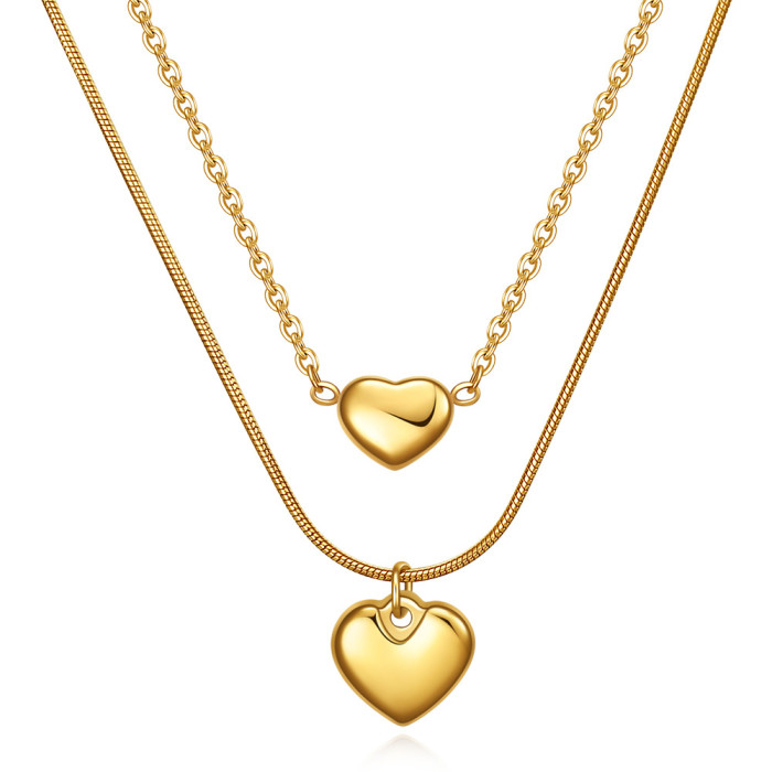 European and American Cross-Border Hot Sale New Fashion Double Layer Stacked Smooth Heart Versatile Collarbone Chain Necklace with Laser Logo
