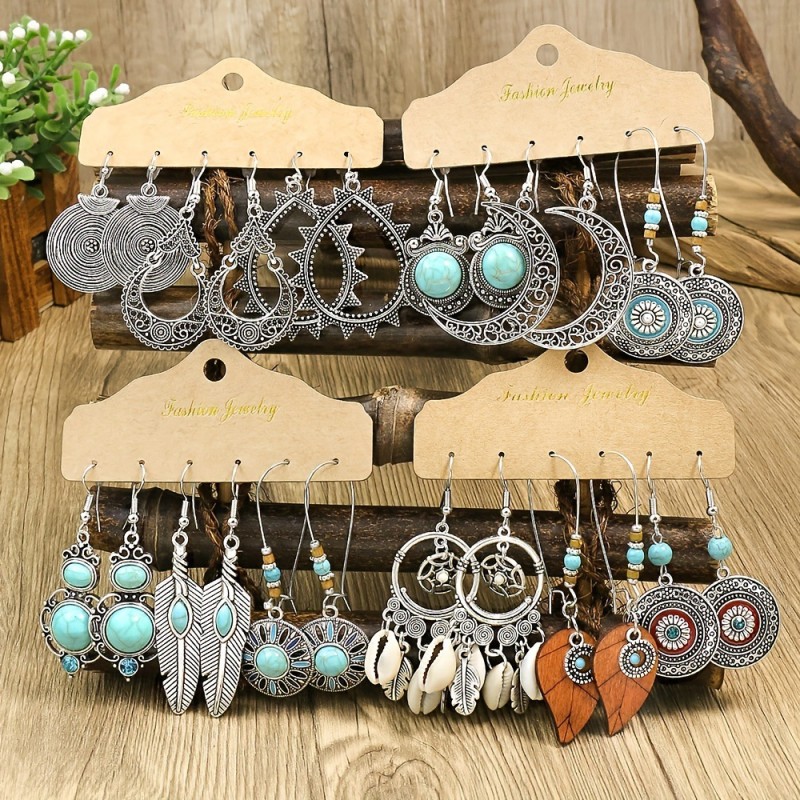 Cross-Border Minimalist Earrings Multi-Piece Set Vintage Silver Imitation Turquoise Inlaid Earrings Personality Creative Shell Earrings