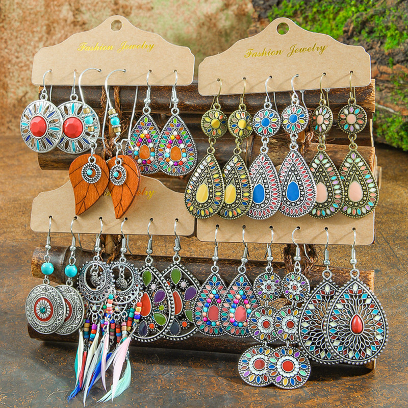 European and American Cross-Border Amazon Personalized Retro Hot-Selling Water Drop Earring Set for Women with Oil Drip Rice Beads and Feather Earrings Wholesale
