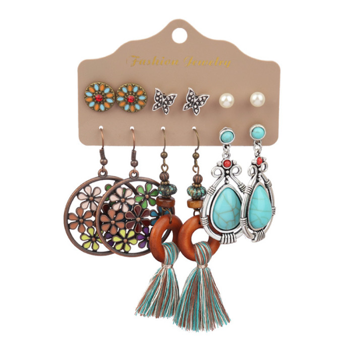 Amazon New Retro Earrings Turquoise Lantern Flower Earrings Long Ethnic Style Jewelry 6-Piece Set, Jewelry Sets