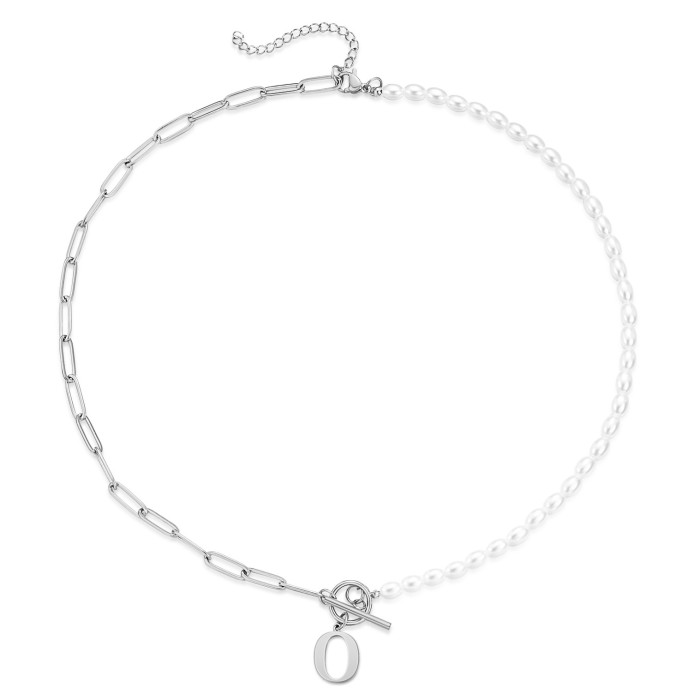 Amazon 26 Letter Pearl Necklace Simple Fashion Paperclip OT Buckle Style Pearl Titanium Steel Necklace