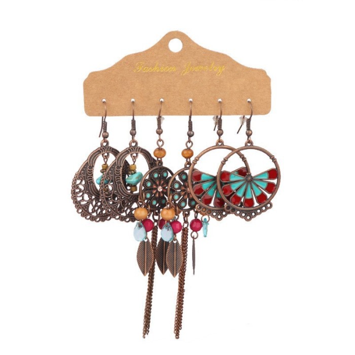 Amazon New Wholesale Hot Selling Retro Ethnic Style Earring Set Geometric Hoop Chain Earrings, Jewelry Sets