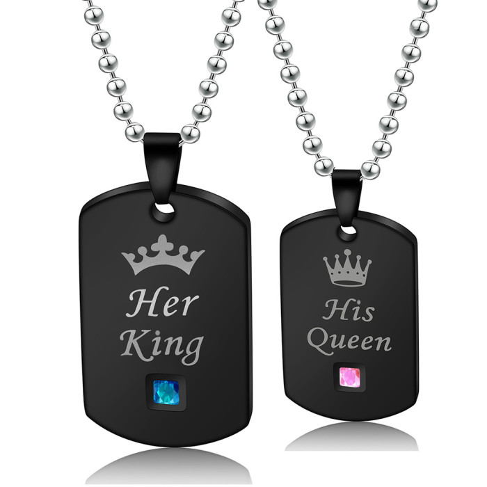 Hot Sale Personalized Military Brand Engraved Her King His Queen Crown Couple Stainless Steel Necklace