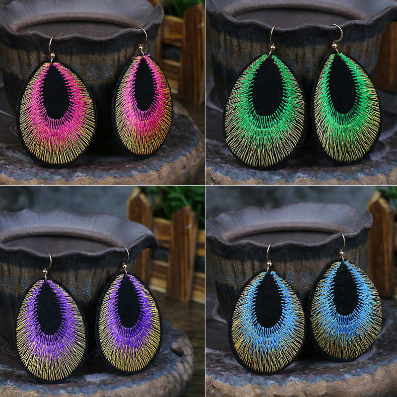 Cross-Border European and American Retro Ethnic Style Fabric Embossed Oval Gold Wire Peacock Feather Embroidered Tassel Earrings for Women Wholesale
