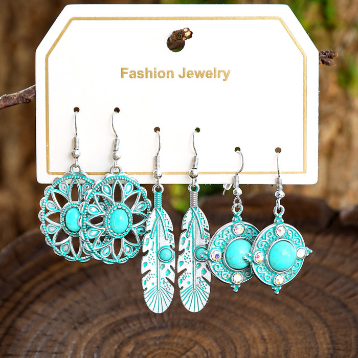 Amazon New Vintage Distressed Turquoise Earring Set Bohemian Style Alloy Earrings Manufacturer Wholesale, Jewelry Sets