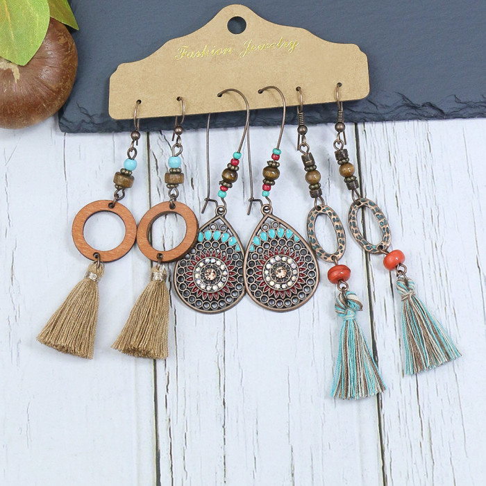 Fashion Exotic Style Eye Beaded Tassel Earrings Hollow Water Drop Shape Turquoise Diamond Stud Earrings Set, Jewelry...