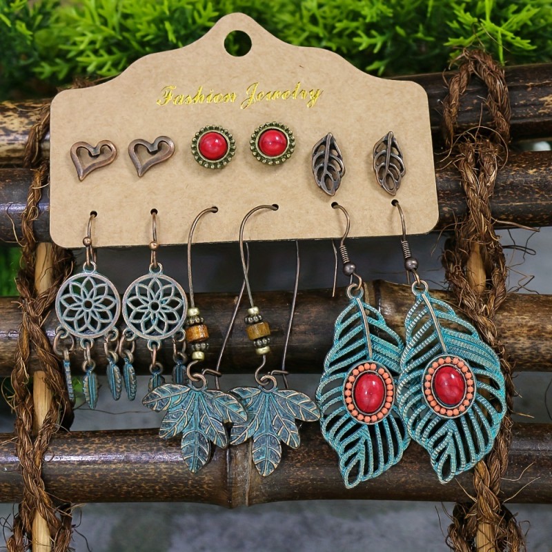 Cross-Border Multi-Piece Set Hot Sale Retro Palace Style Earrings Set Tassel Hollow Feather Long Earrings Factory Direct Sale