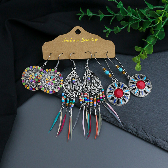 Ethnic Style Colorful Water Drop Tassel Earrings Turquoise Feather Flower Earrings Amazon New Model