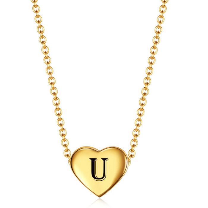 Hot Sale Simple Stainless Steel 12MM Heart 18K Gold Pendant 26 English Letters Necklace Wholesale