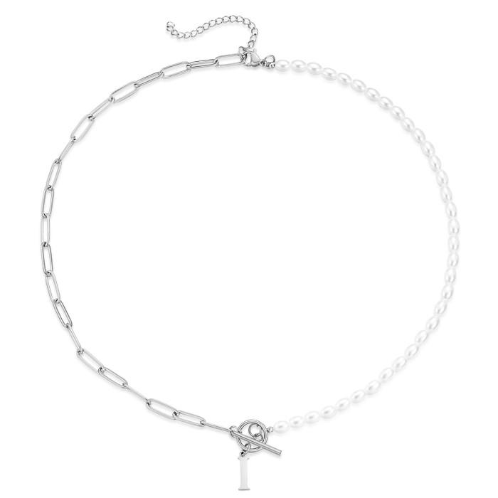 Amazon 26 Letter Pearl Necklace Simple Fashion Paperclip OT Buckle Style Pearl Titanium Steel Necklace