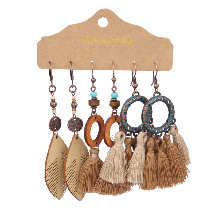 Earrings Set Bohemian Retro Ethnic Style Irregular Earrings Alloy Hollow Turquoise Tassel Earrings for Women, Jewelry...