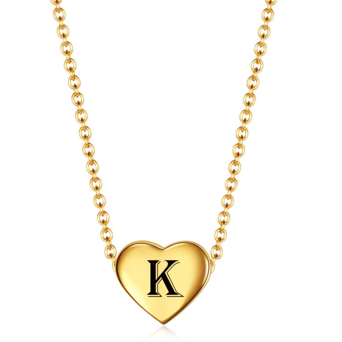 Hot Sale Simple Stainless Steel 12MM Heart 18K Gold Pendant 26 English Letters Necklace Wholesale