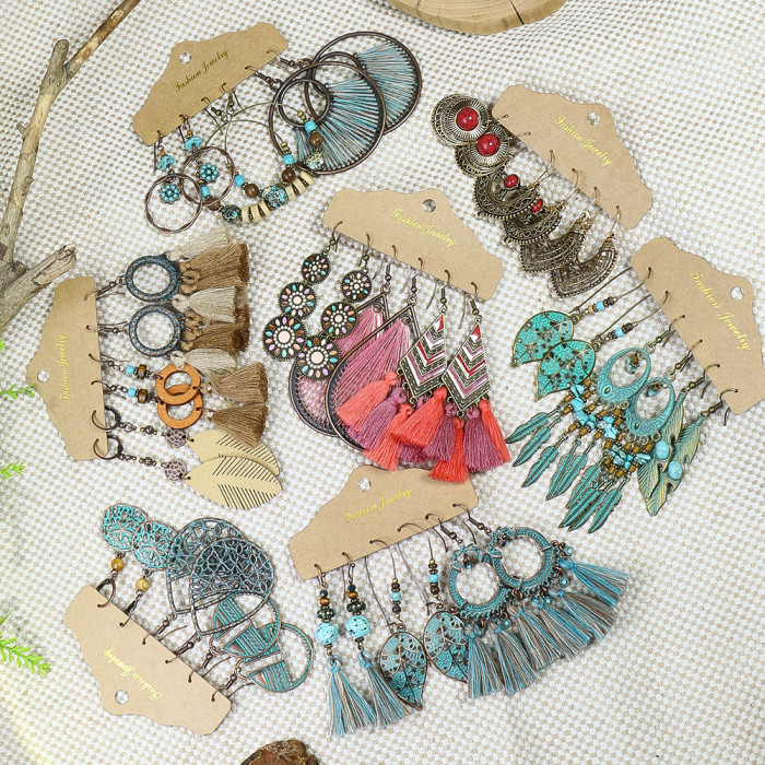 Earrings Set Bohemian Retro Ethnic Style Irregular Earrings Alloy Hollow Turquoise Tassel Earrings for Women, Jewelry...