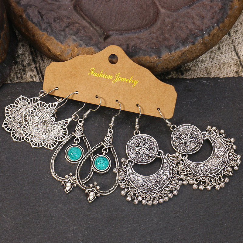 Cross-Border Hot Selling Set Tassel Earrings European and American Exaggerated Jewelry Three-Pair Earring Set Ethnic Style Jewelry Wholesale