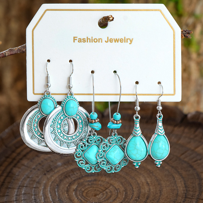 Amazon New Vintage Distressed Turquoise Earring Set Bohemian Style Alloy Earrings Manufacturer Wholesale, Jewelry Sets
