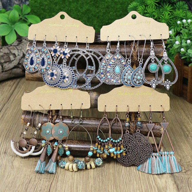 Cross-Border Multi-Piece Earrings Set for Women Ethnic Style European and American Fashion Jewelry Geometric Water Drop Turquoise Hollow Tassel Earrings