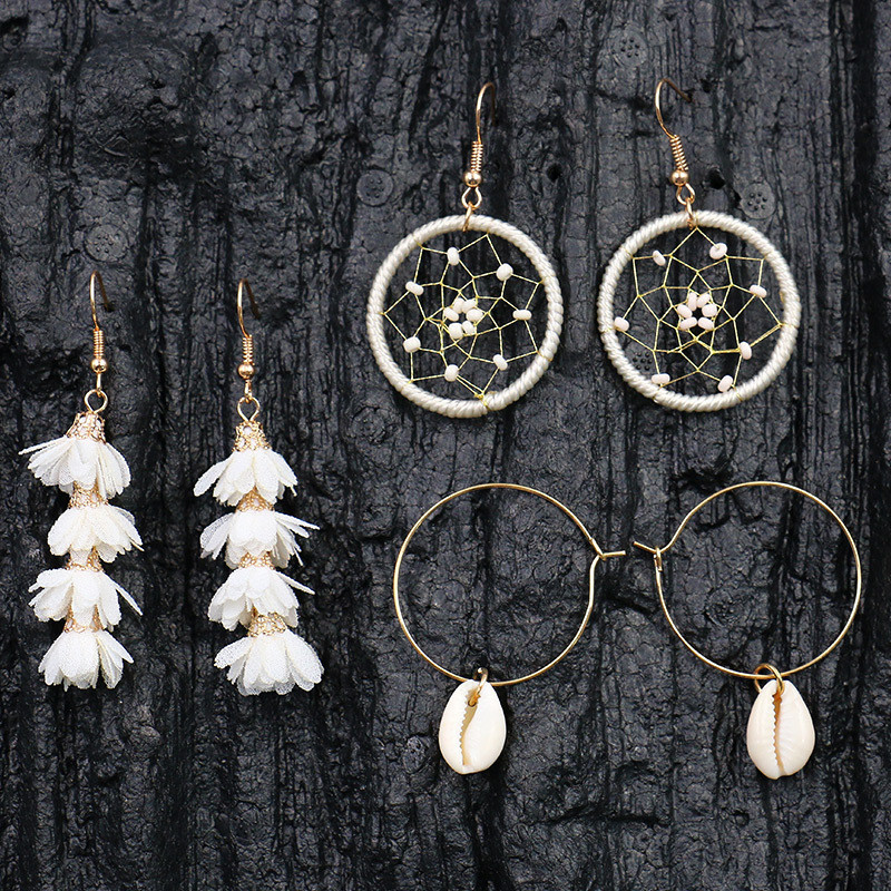 3-Piece Earring Set Korean Version Creative Personality Gold Shell Dream Catcher Flower Earrings Accessories Cross-Border Hot Sale