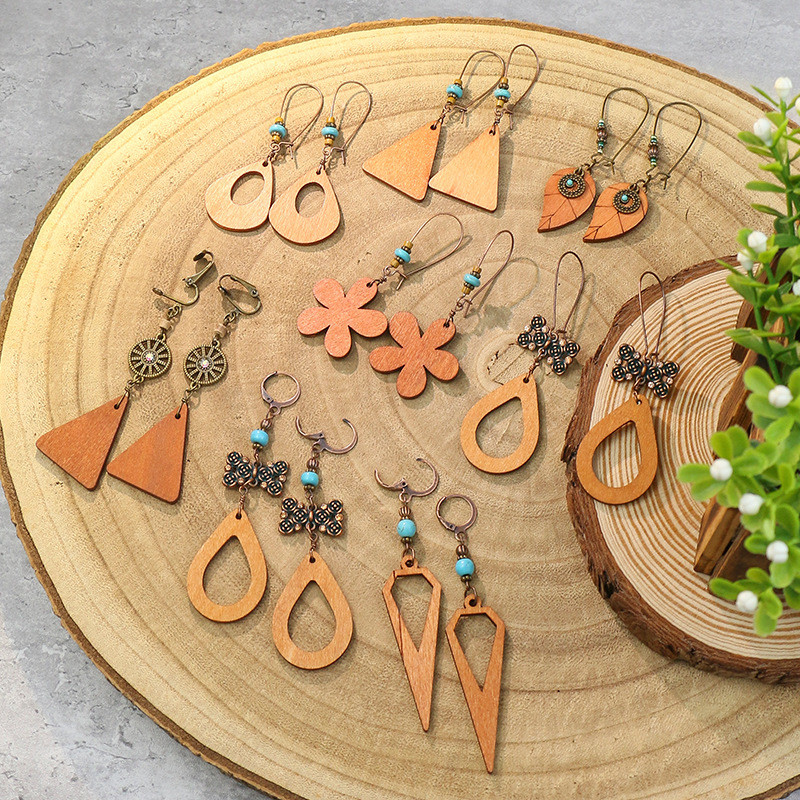 Cross-Border Jewelry European and American Bohemian Style Beaded Vintage Wooden Earrings for Women Hollow Flower Geometric Earrings