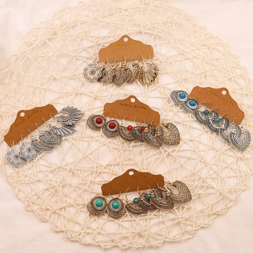 European and American Trend Hollow Earrings Vintage Inlaid Floral Personality Earrings Ethnic Style Combination Set Wholesale