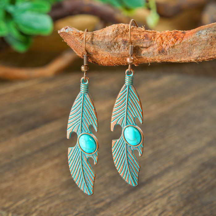 Cross-Border New Holiday Style Retro Turquoise Long Earrings Personality Exaggerated Geometric Drop Earrings Manufacturer Ear Jewelry Wholesale