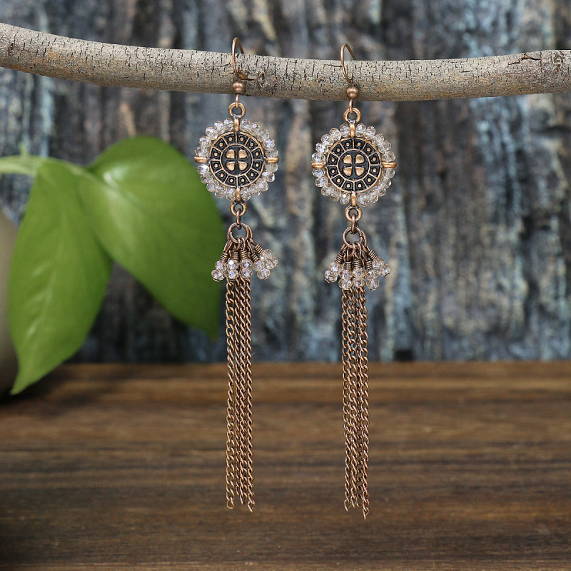 European and American Retro Long Tassel Earrings Chain Drop Earrings Crystal Fashion Exaggerated Earrings Elegant Versatile Lady Stud Earrings