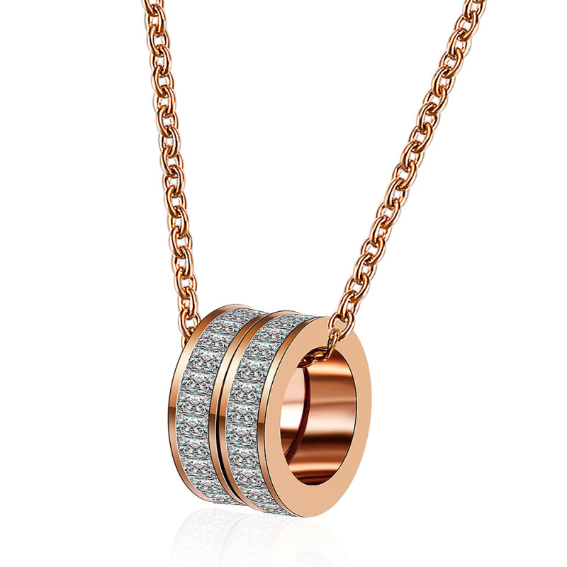 European and American Cross-Border New Stainless Steel Necklace Clavicle Chain 7MM Double Ring Full Circle Inlaid Diamond Stainless Steel Simple Necklace for Women