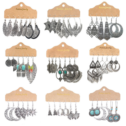 Vintage Earrings Nepal Ancient Silver Jewelry Double C Snowflake Tassel Heart Wings Hollow Vintage Earrings for Women Cross-Border