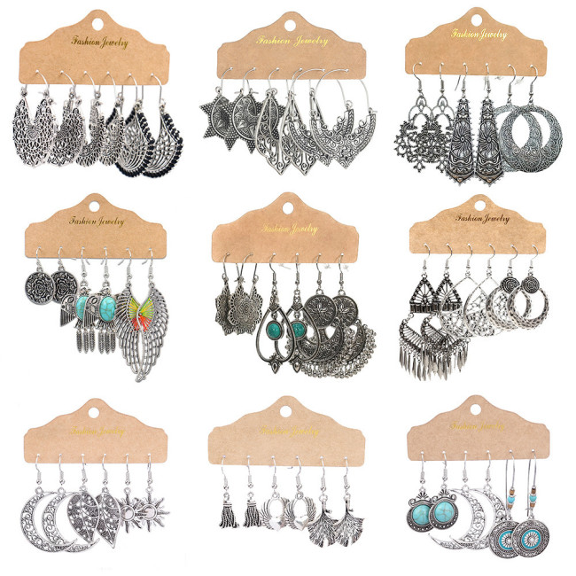 Vintage Earrings Nepal Ancient Silver Jewelry Double C Snowflake Tassel Heart Wings Hollow Vintage Earrings for Women Cross-Border
