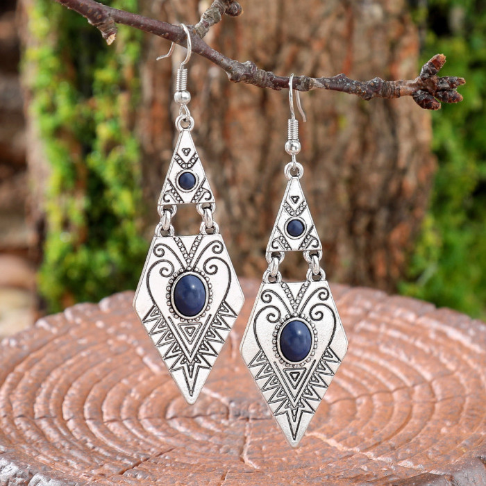 Cross-Border Hot-Selling Retro Bohemian Turquoise Earrings Simple Versatile Geometric Rhombus Metal Texture Ear Jewelry Wholesale