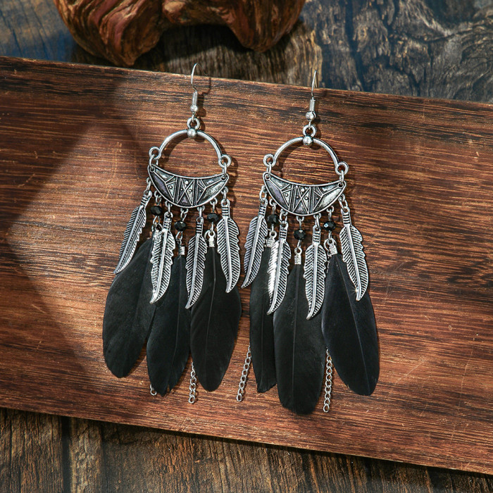 Amazon Wholesale Bohemian Style Feather Earrings Necklace Set Personality Slimming Long Earrings Sweater Chain, Jewel...