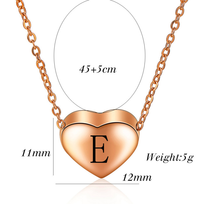 Hot Sale Simple Stainless Steel Rose Gold 12MM Heart 26 English Letters Heart-Shaped Necklace Wholesale