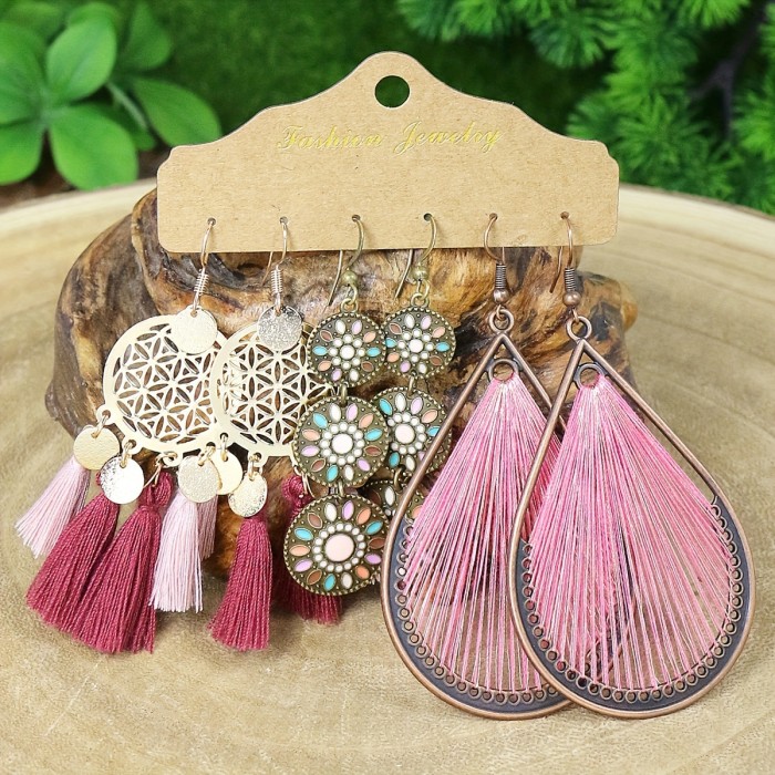 Multi-Piece Earring Set Export Wholesale Bohemian Ethnic Style Pink Tassel Hollow Exaggerated Vintage Earrings, Jewel...