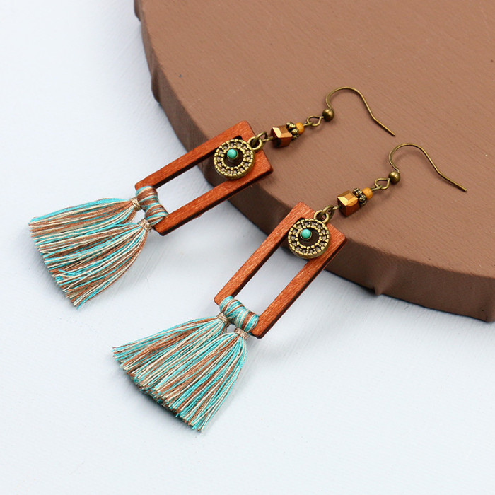 Fashion Bohemian Retro Square Tassel Long Earrings Elegant Versatile Ear Accessories Slimming Drop Earrings